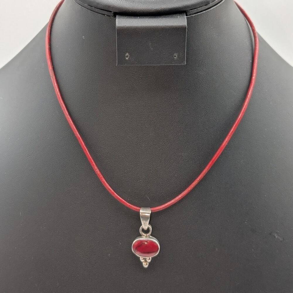 Vtg 925 Sterling Mexican Taxco Red Jasper Pendant Red Leather Cord Necklace